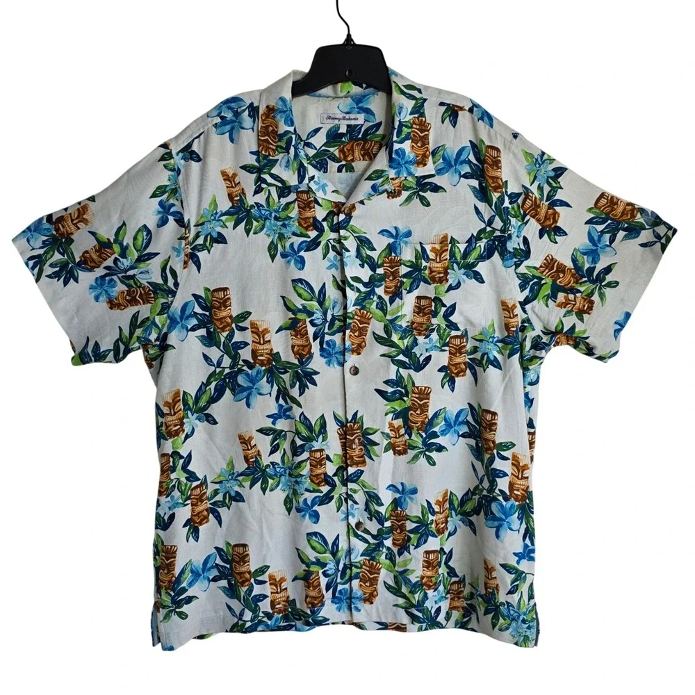 Tommy Tommy Bahama Men's Tiki Tumble Silk Camp Shirt Size XL Cream Multicolor